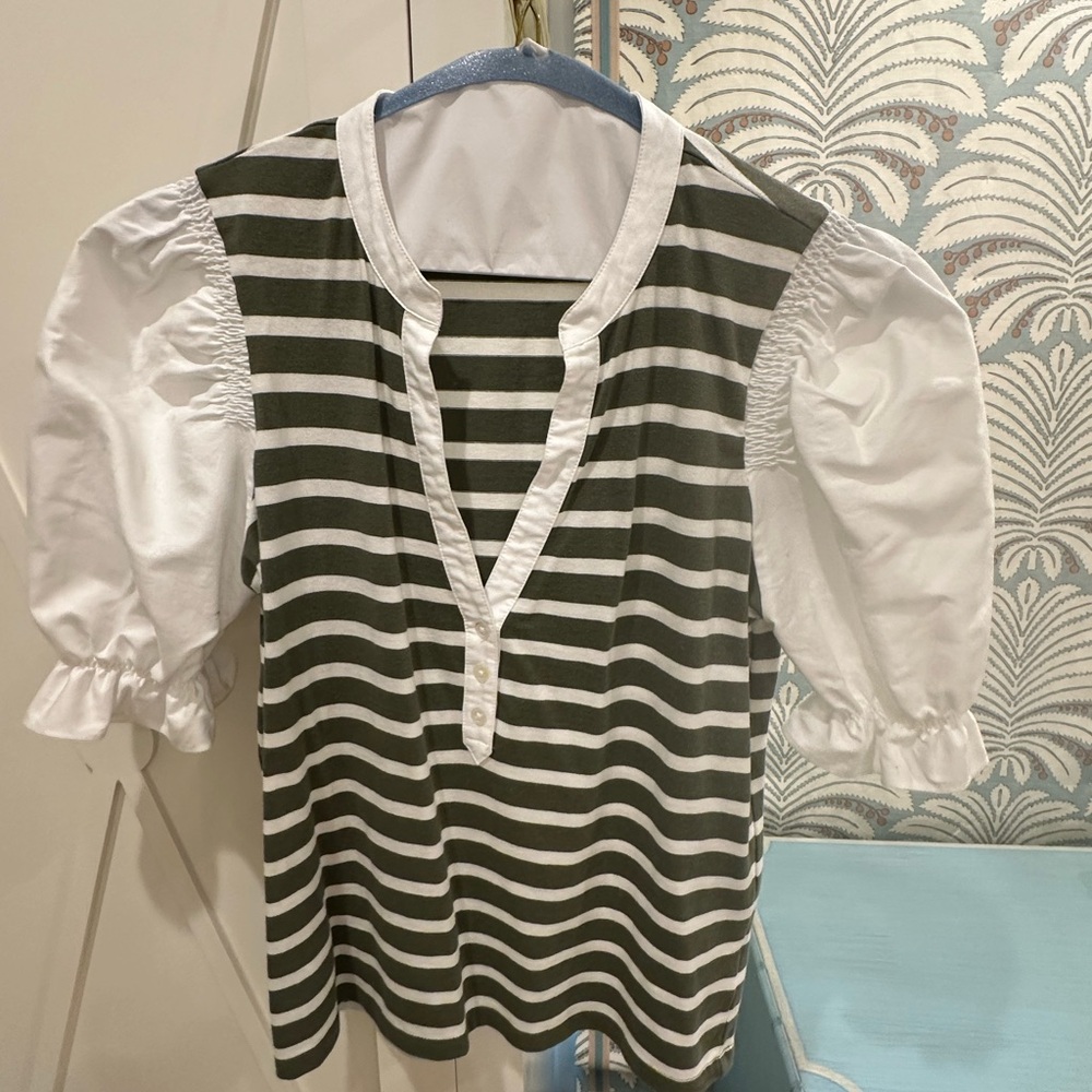 Veronica Beard:Women's Green Raegan Elbow-Sleeve Striped Top, Small retails $198